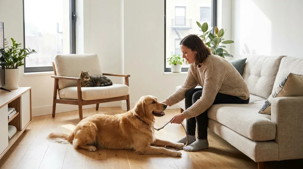 Person holding dog on leash while cat sits calmly nearby during first face-to-face introduction