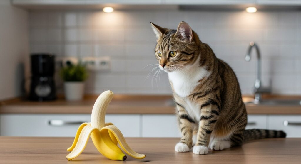 Cat eyeing a banana on a counter