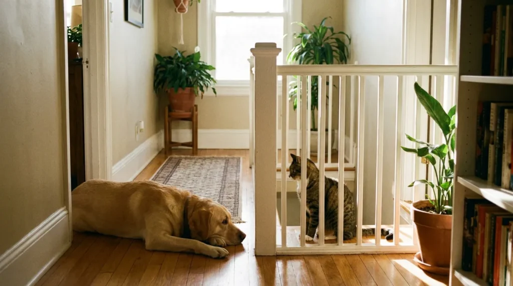 Dog and cat separated by a baby gate during safe introduction process