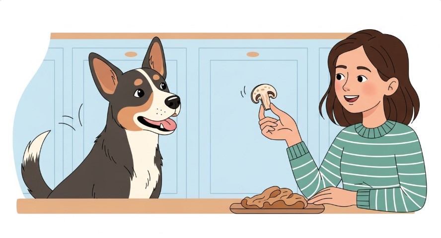 A dog being offered a cooked mushroom by its owner