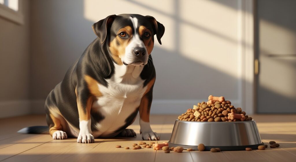 Overweight dog looking at a bowl full of food and treats.