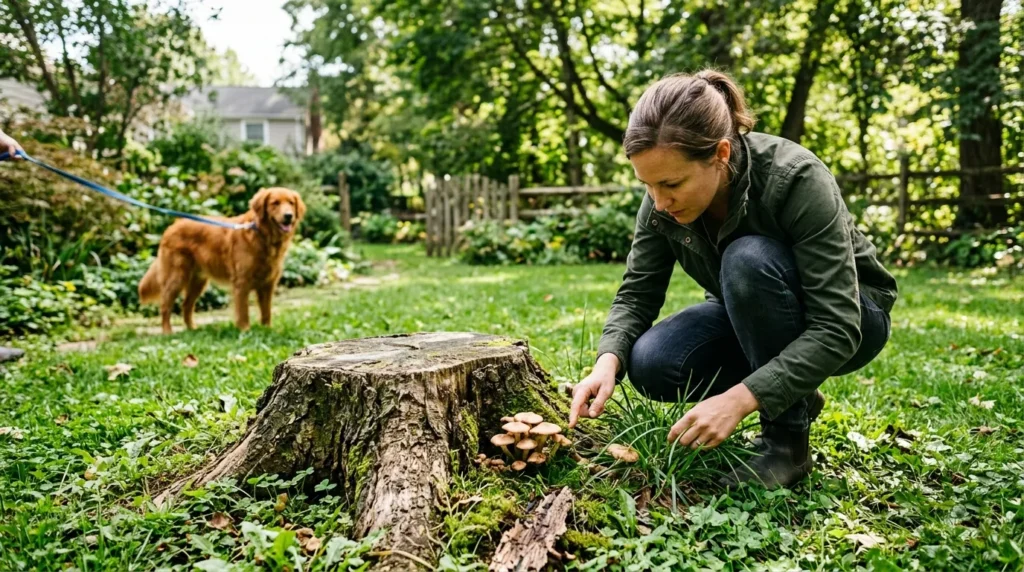 Dog owner inspecting yard near tree stump for wild mushrooms with dog on leash in background