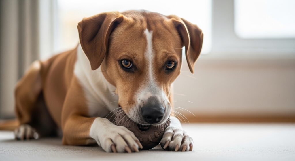 Dog holding a toy tightly with focused eyes.
