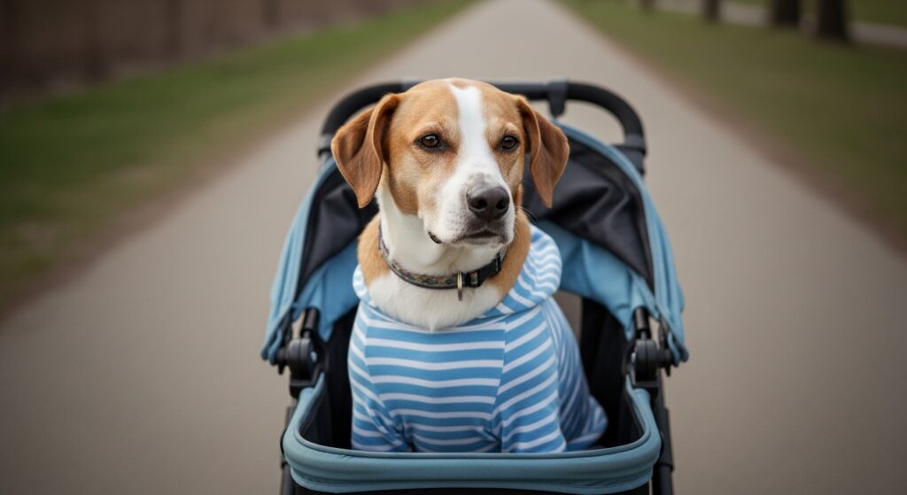 Dog wearing clothes in a stroller.