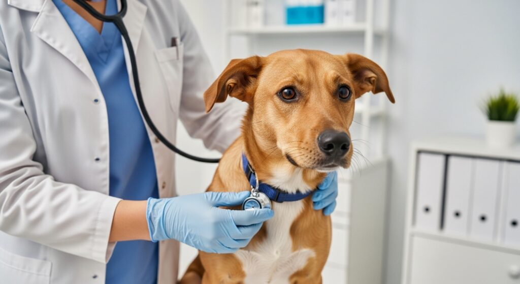 Veterinarian checking a dog’s heartbeat in a clinic.