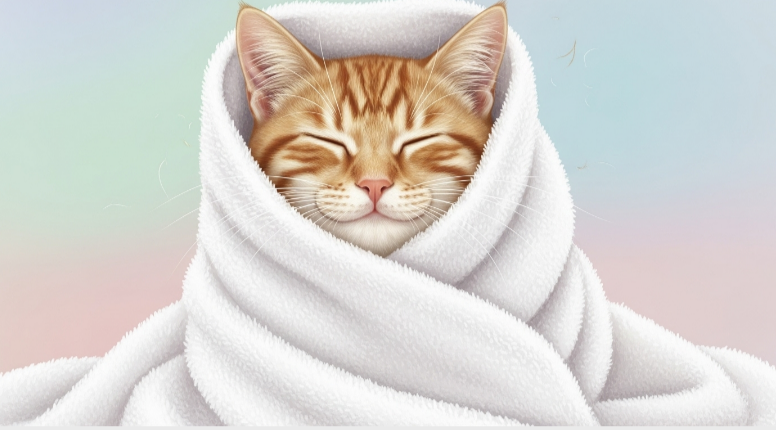 Cat wrapped in towel post-bath.