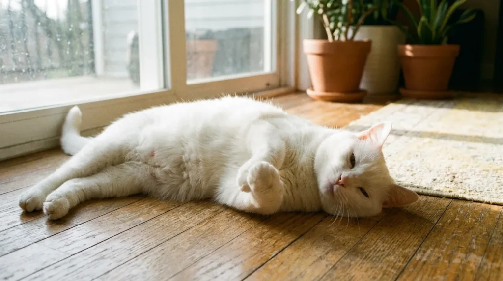 White female cat lying on side with paws kneading the air on a wood floor in natural light