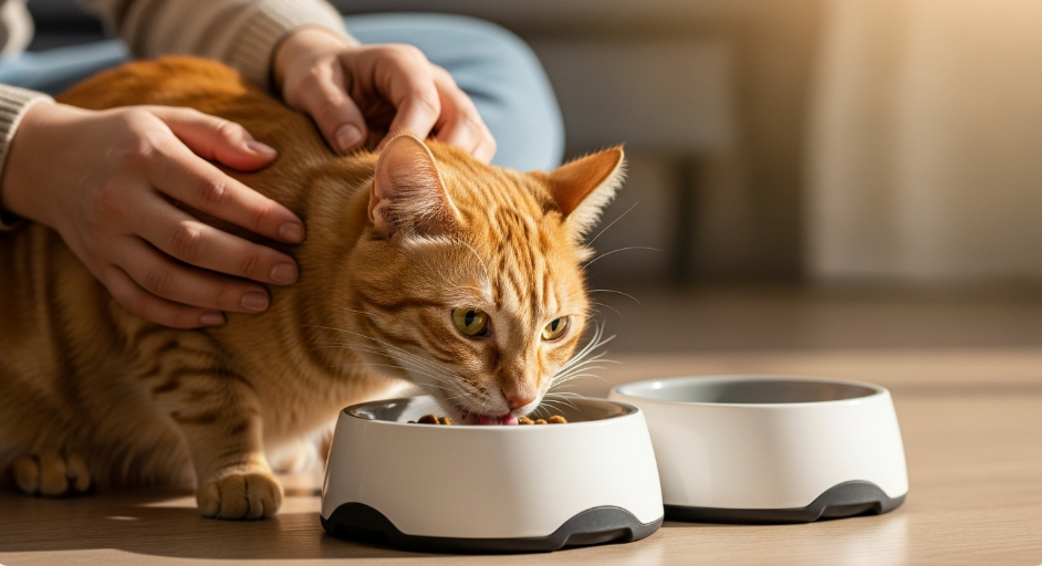 Happy cat eating from bowl while being petted by caring owner showing prevention of eating problems