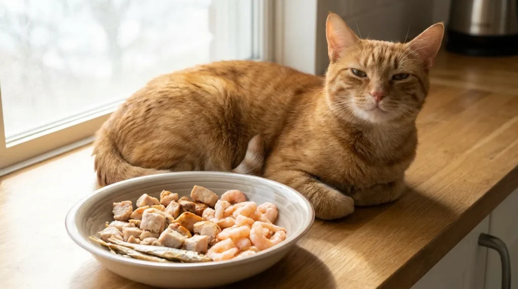Cat resting next to bowl of healthy high-protein treats including chicken and shrimp