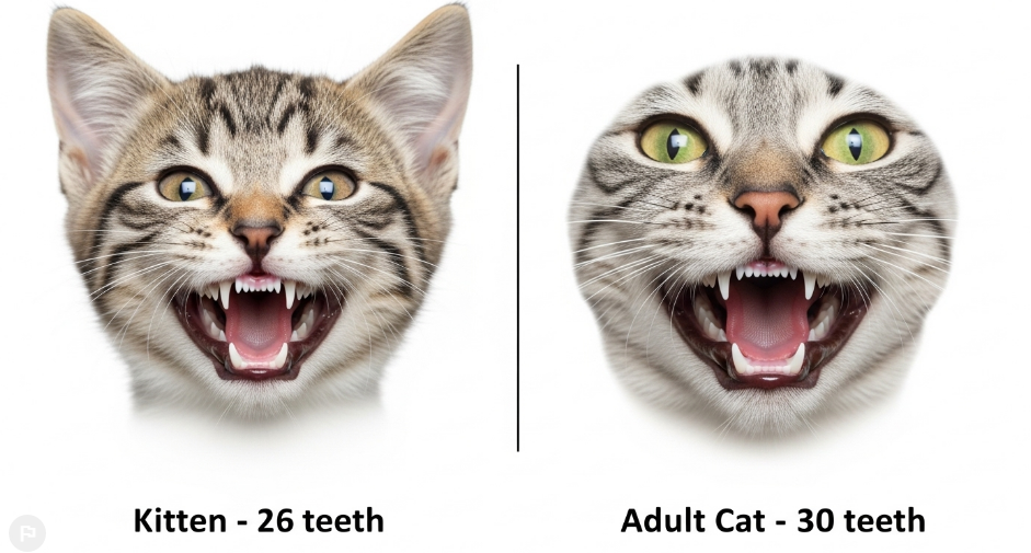 Comparison of kitten teeth versus adult cat teeth showing the difference in number and size