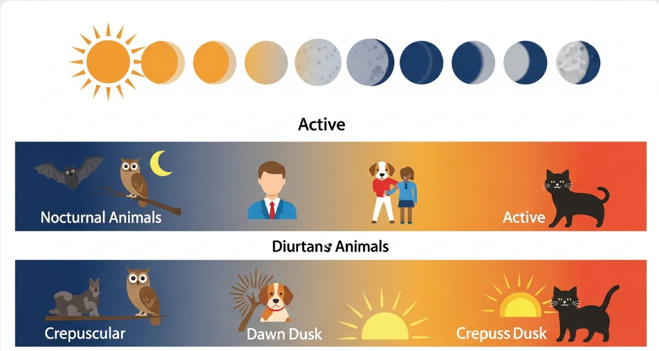 Chart comparing nocturnal, diurnal, and crepuscular animal activity patterns