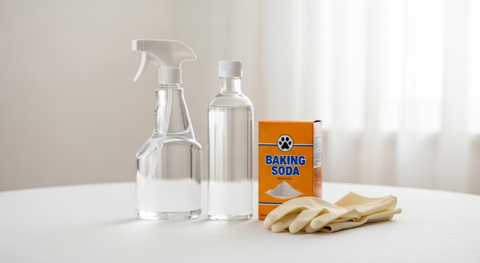 Spray bottle, vinegar, baking soda, and gloves on a table for pet cleaning.