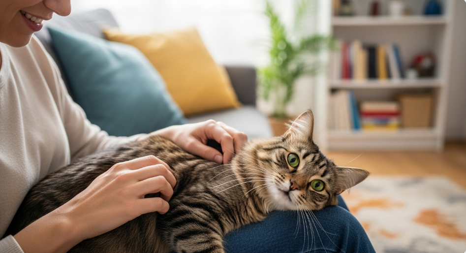 Pet owner gently examining healthy cat in living room