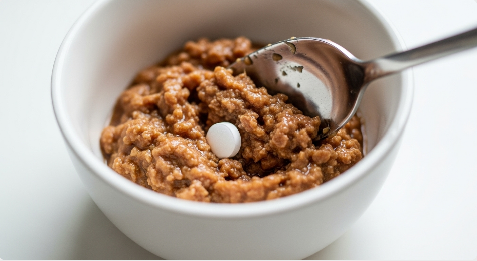 White pill mixed into small portion of wet cat food in ceramic bowl