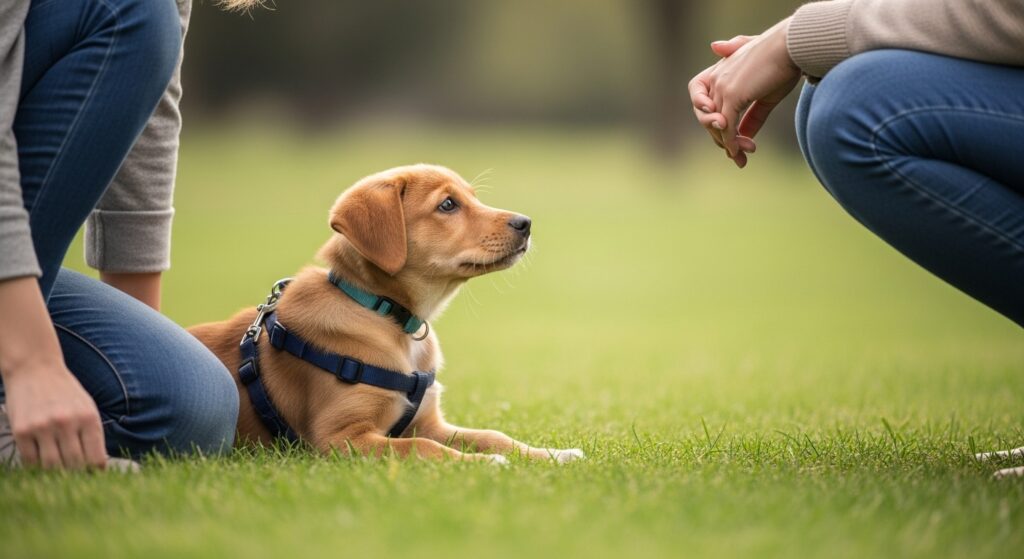 Puppy meeting a friendly stranger in a sunny park.