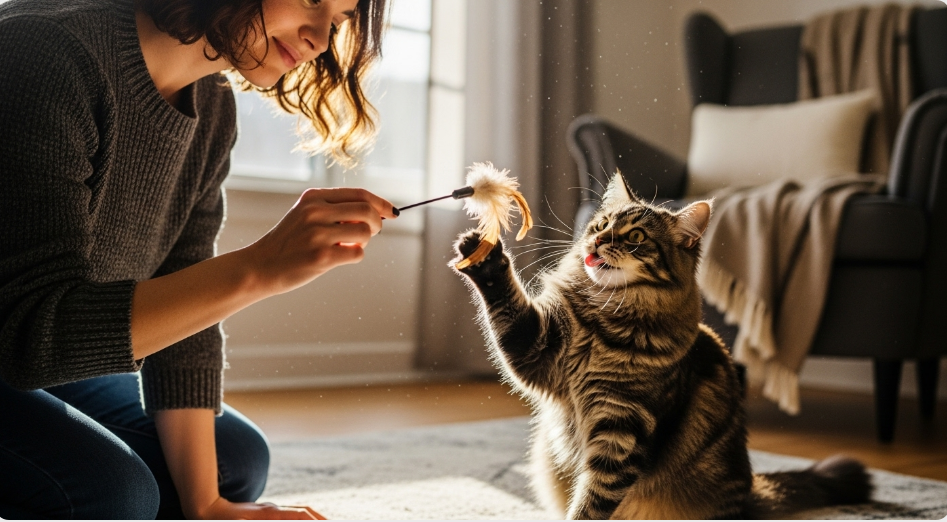 Person redirecting cat from licking to playing with feather toy