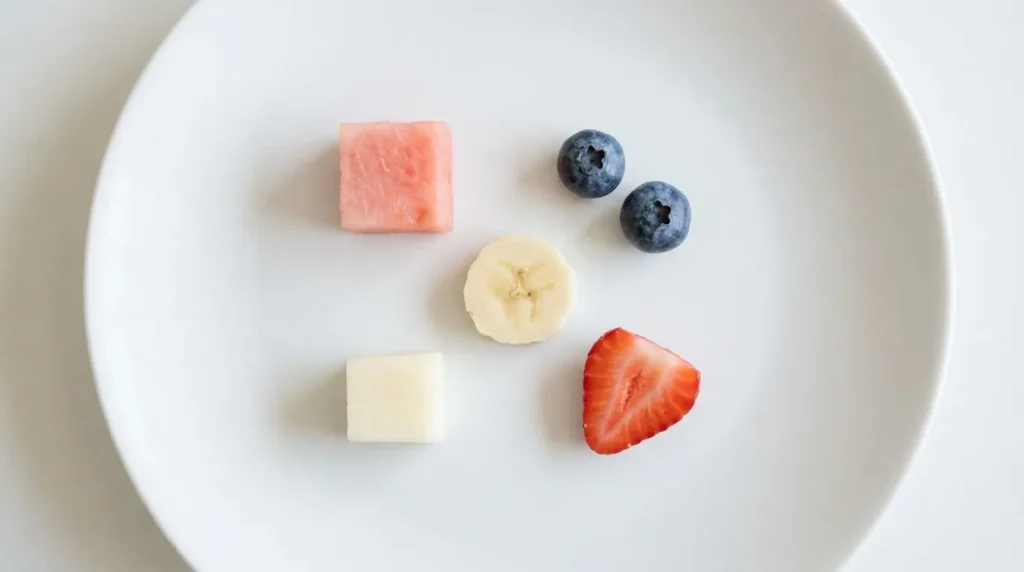 Flat-lay arrangement of small safe fruit portions for cats including watermelon, blueberries, banana, apple, and strawberry