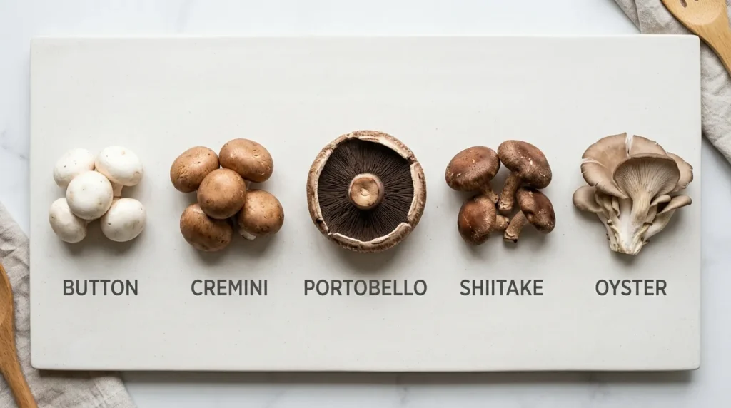 Five safe mushroom varieties for dogs including button, cremini, portobello, shiitake, and oyster mushrooms