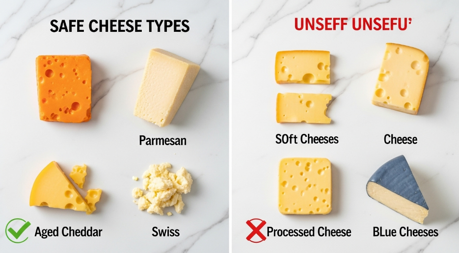 Comparison of cheese types safe and unsafe for cats to eat