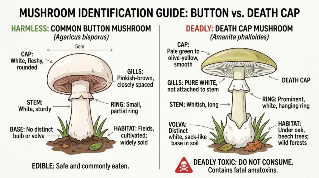 Side-by-side comparison of safe button mushroom versus toxic death cap Amanita phalloides