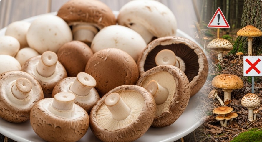 Comparison of safe store-bought mushrooms and toxic wild mushrooms