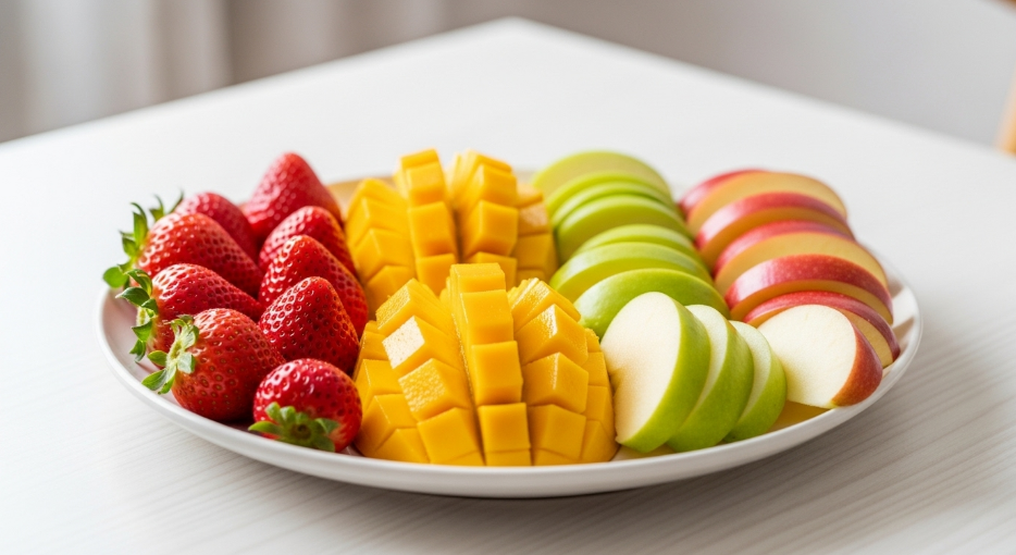 Plate of sliced apples, strawberries, and mango for cats.