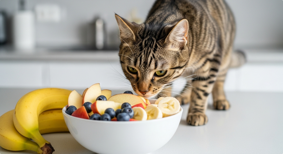Plate of sliced apples, strawberries, and mango for cats.