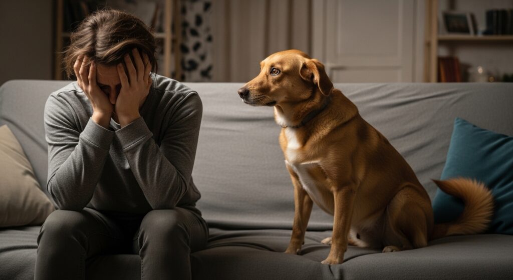 Anxious dog sitting beside a stressed owner.