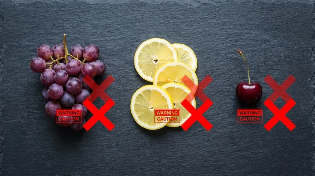 Grapes, lemon, and cherries on a dark surface representing toxic fruits cats must never eat