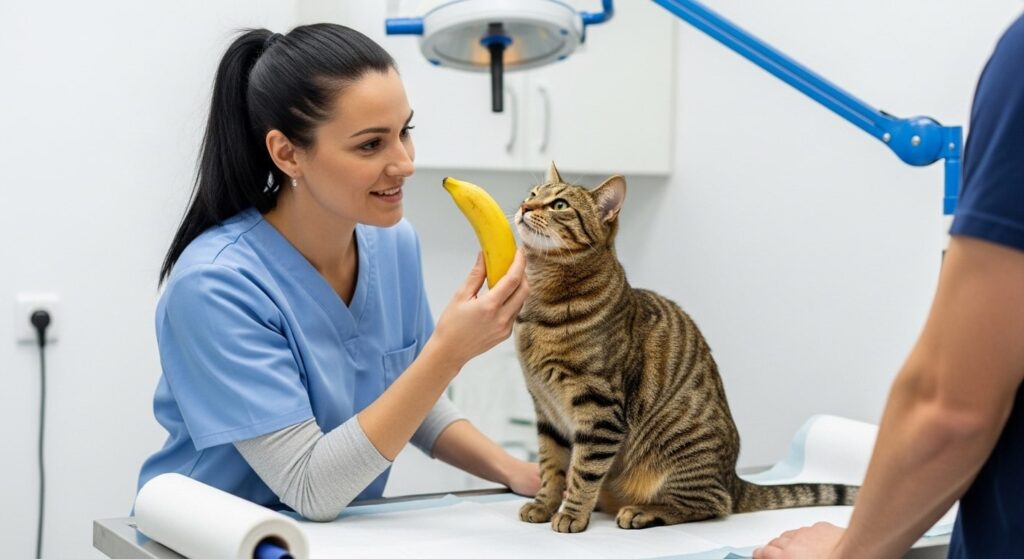 Vet discussing cat diet with banana