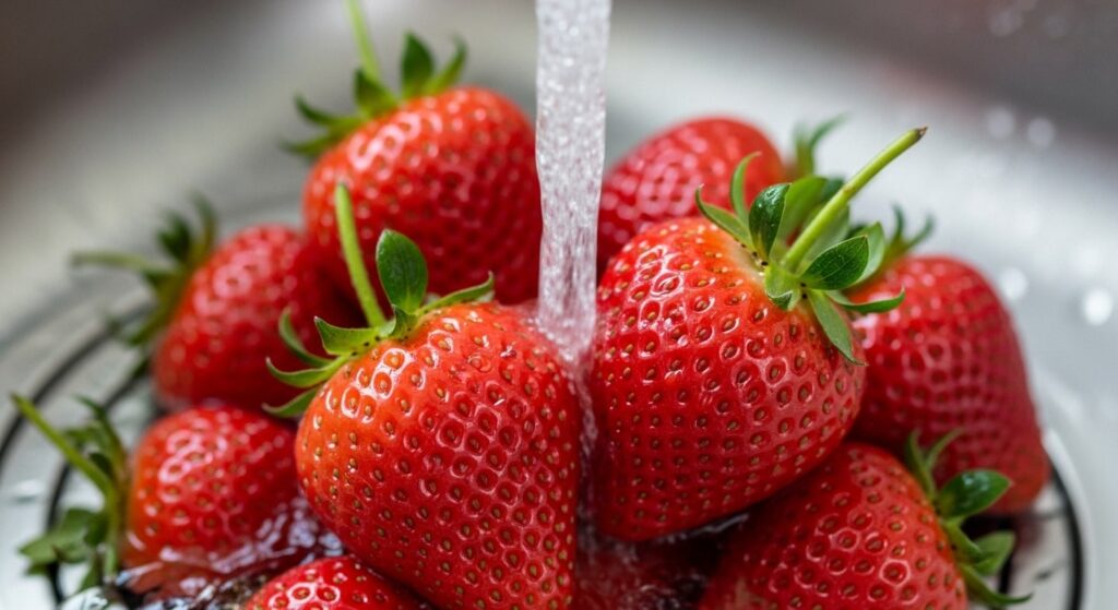 Washing fresh strawberries for cats.