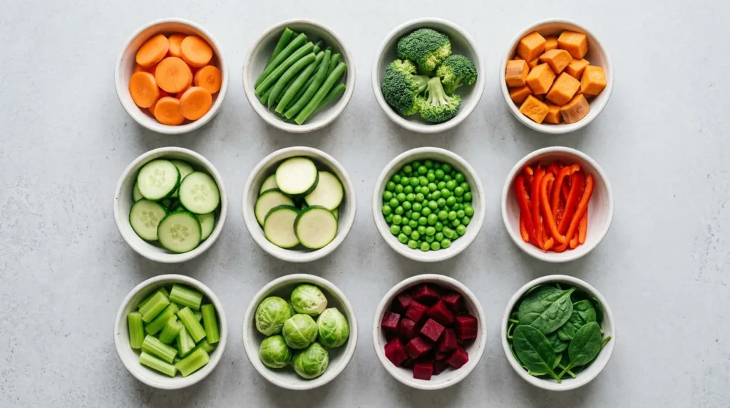 Grid of 12 safe vegetables for dogs including carrots, green beans, broccoli, and sweet potatoes