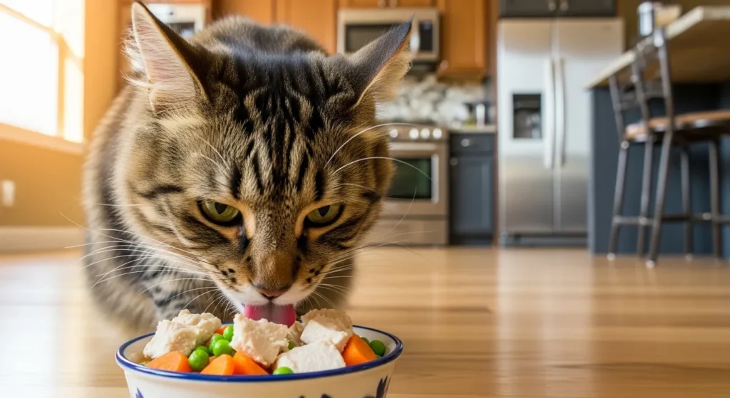 Cat eating homemade food from bowl.