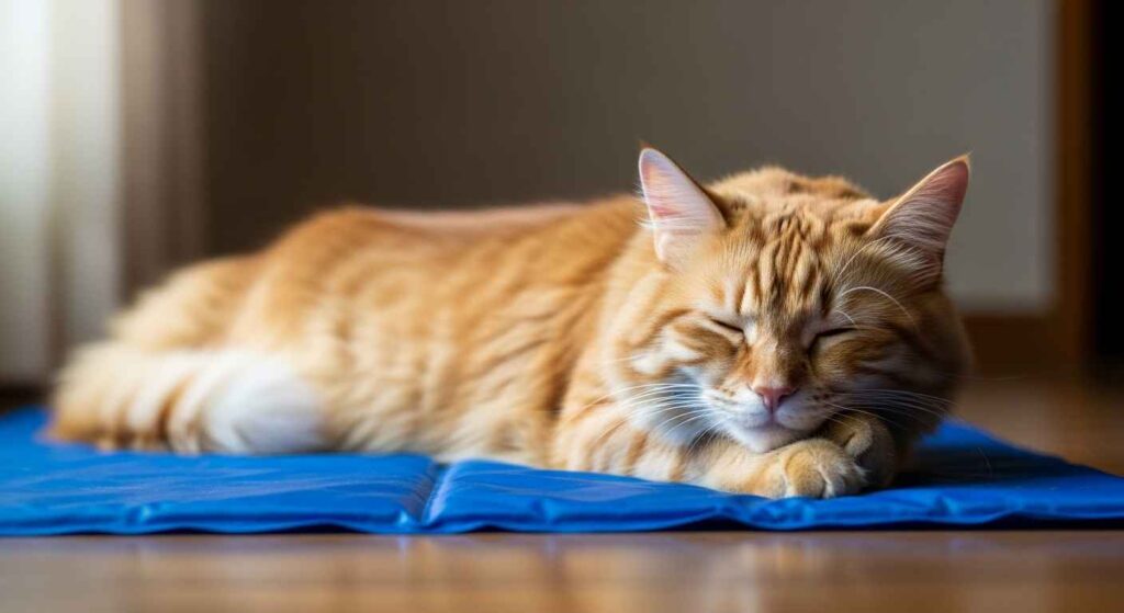 Cat lying on a cooling mat in a shaded area