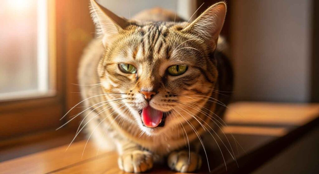 Cat panting with open mouth on a warm surface