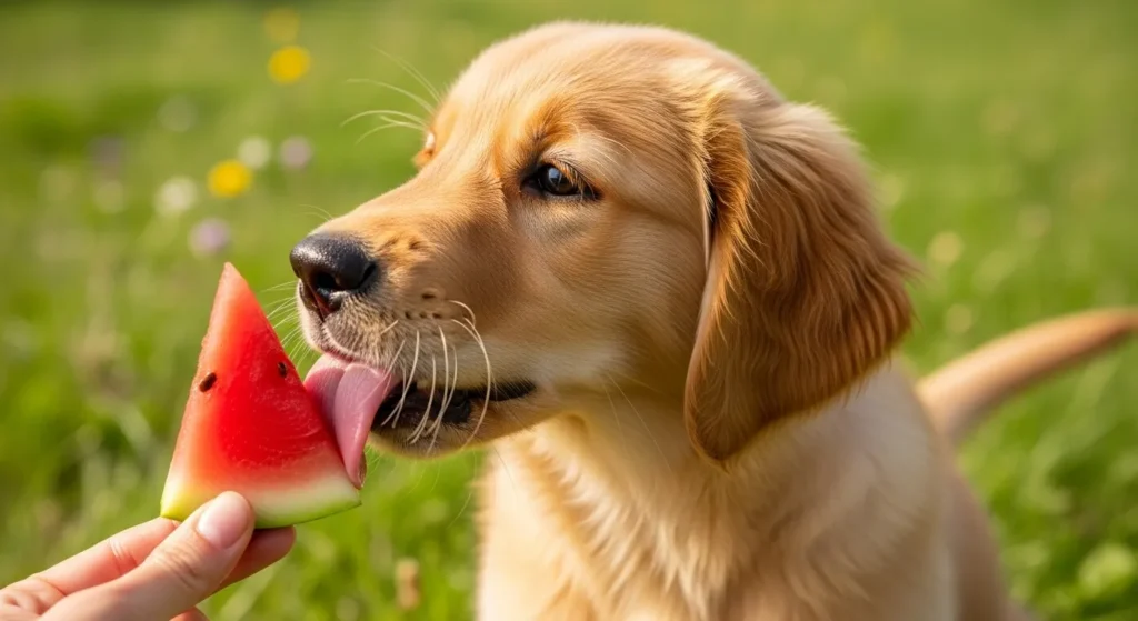 Happy dog eating seedless watermelon slice