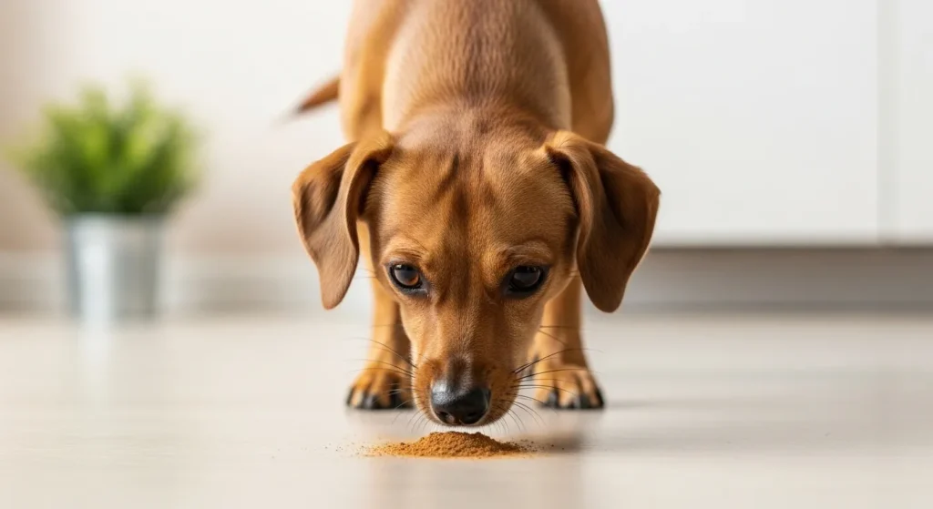 Curious dog near a spill of cinnamon powder