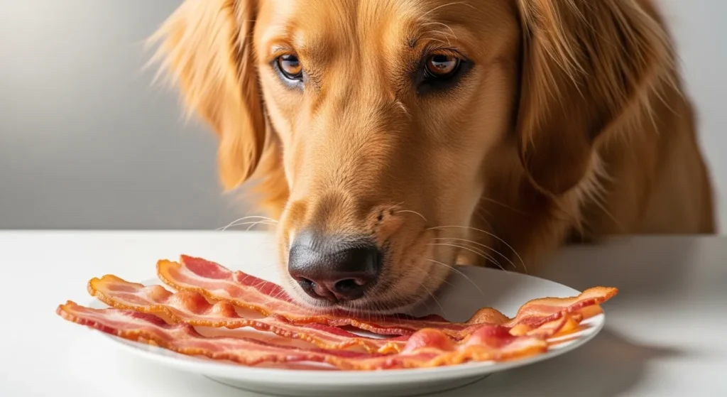 Curious dog sniffing cooked bacon