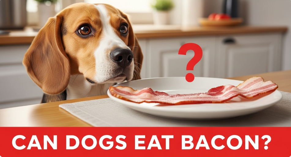 Beagle dog looking at bacon with question mark