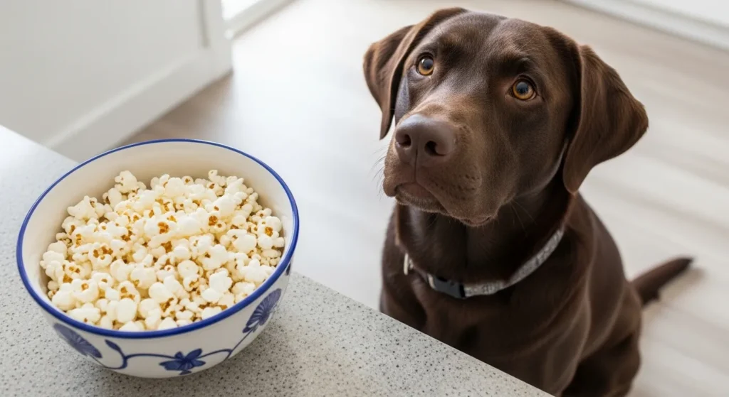 Dog looking at popcorn.