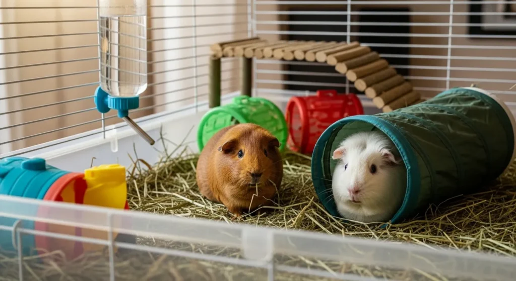 Two guinea pigs in a spacious cage with hay and toys.