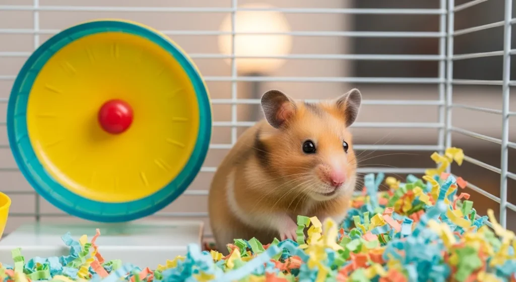 Golden hamster in a wire cage with bedding and a wheel.