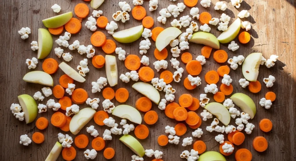 Carrots, apples, and popcorn for pets.