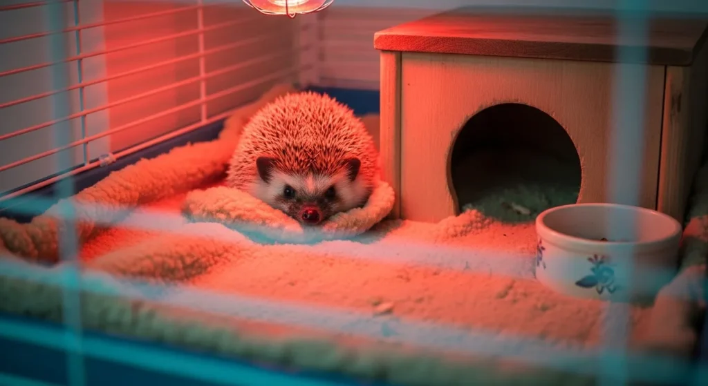 Hedgehog in a cage with a heat lamp and bedding.