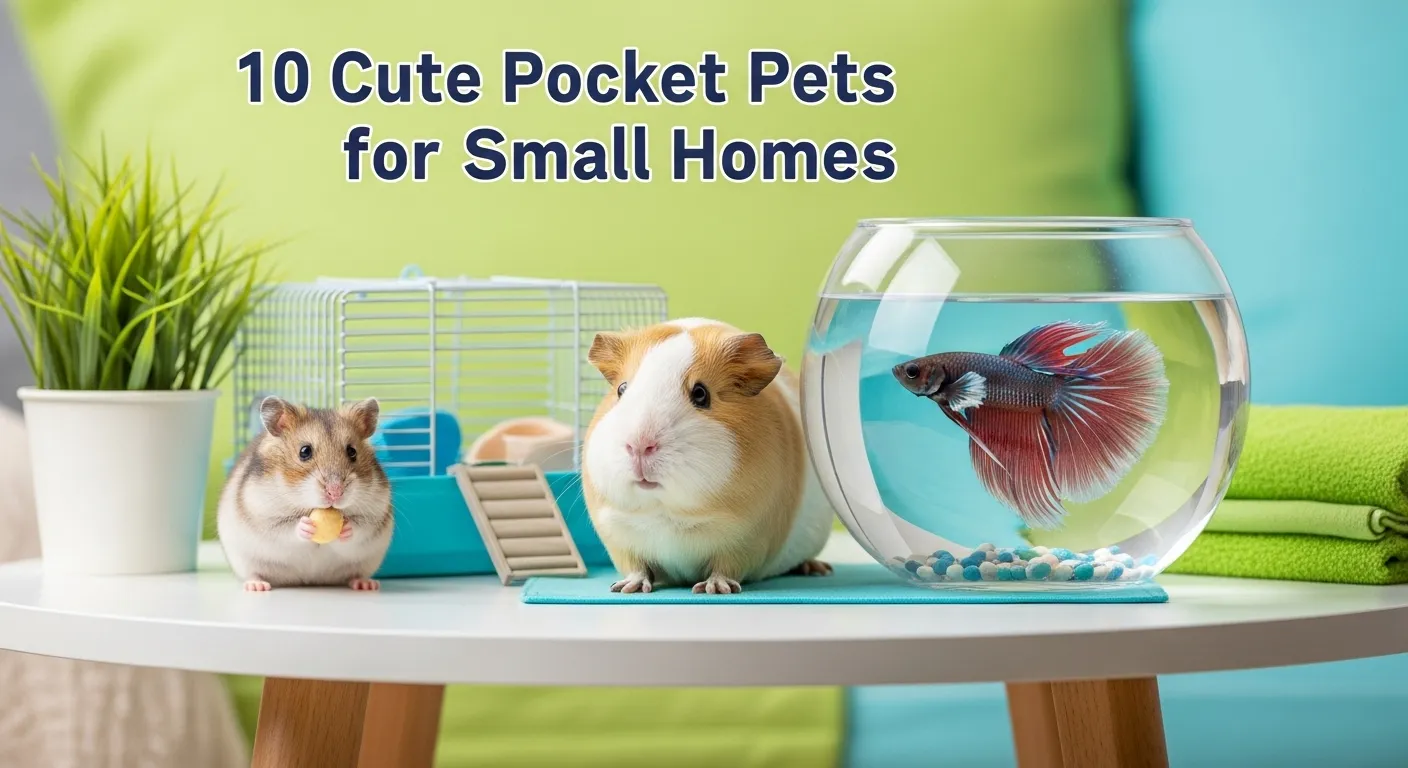 Group of pocket pets like hamsters and betta fish in a small home.