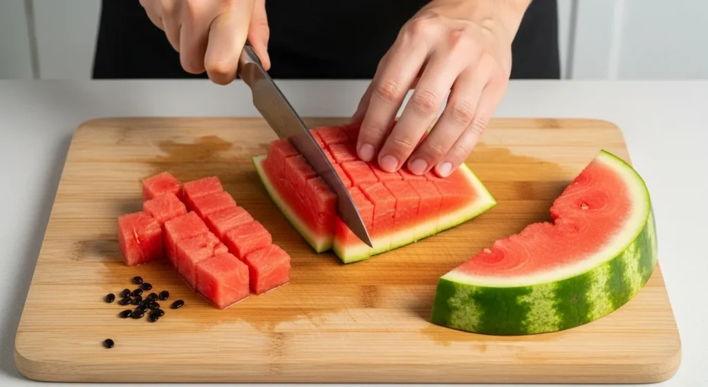 Hands cutting seedless watermelon into small pieces