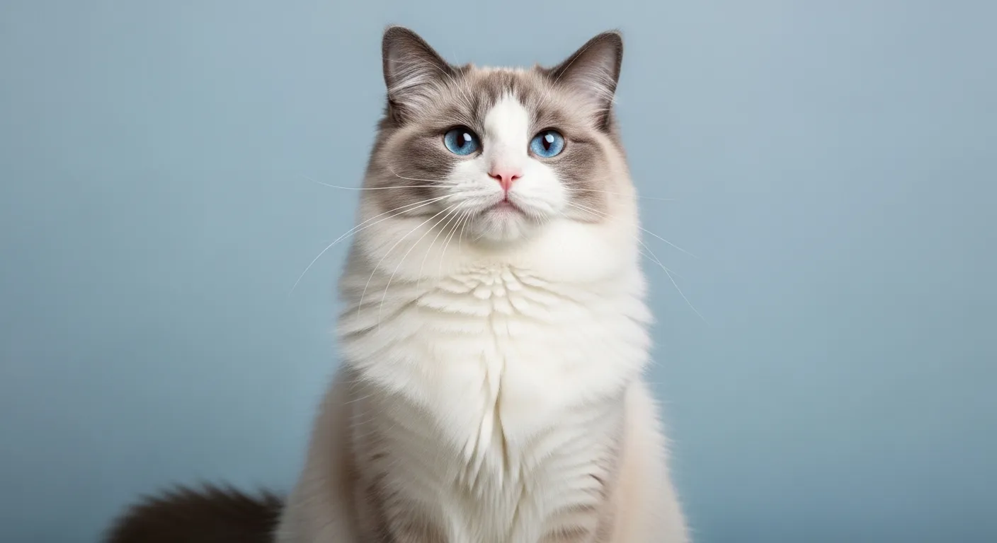 Fluffy Ragdoll cat with blue eyes for blog thumbnail.
