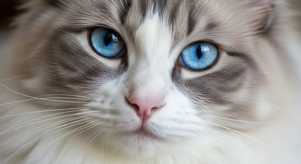 Close-up of Ragdoll cat with blue eyes and fluffy fur.