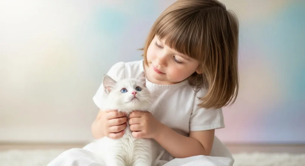 Young girl with Ragdoll cat.