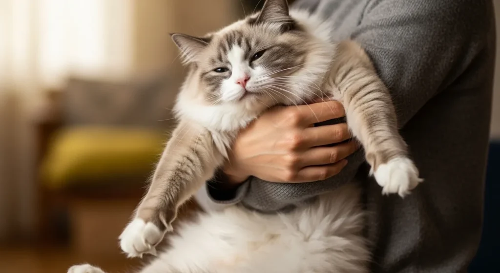 Person holding a relaxed Ragdoll cat.